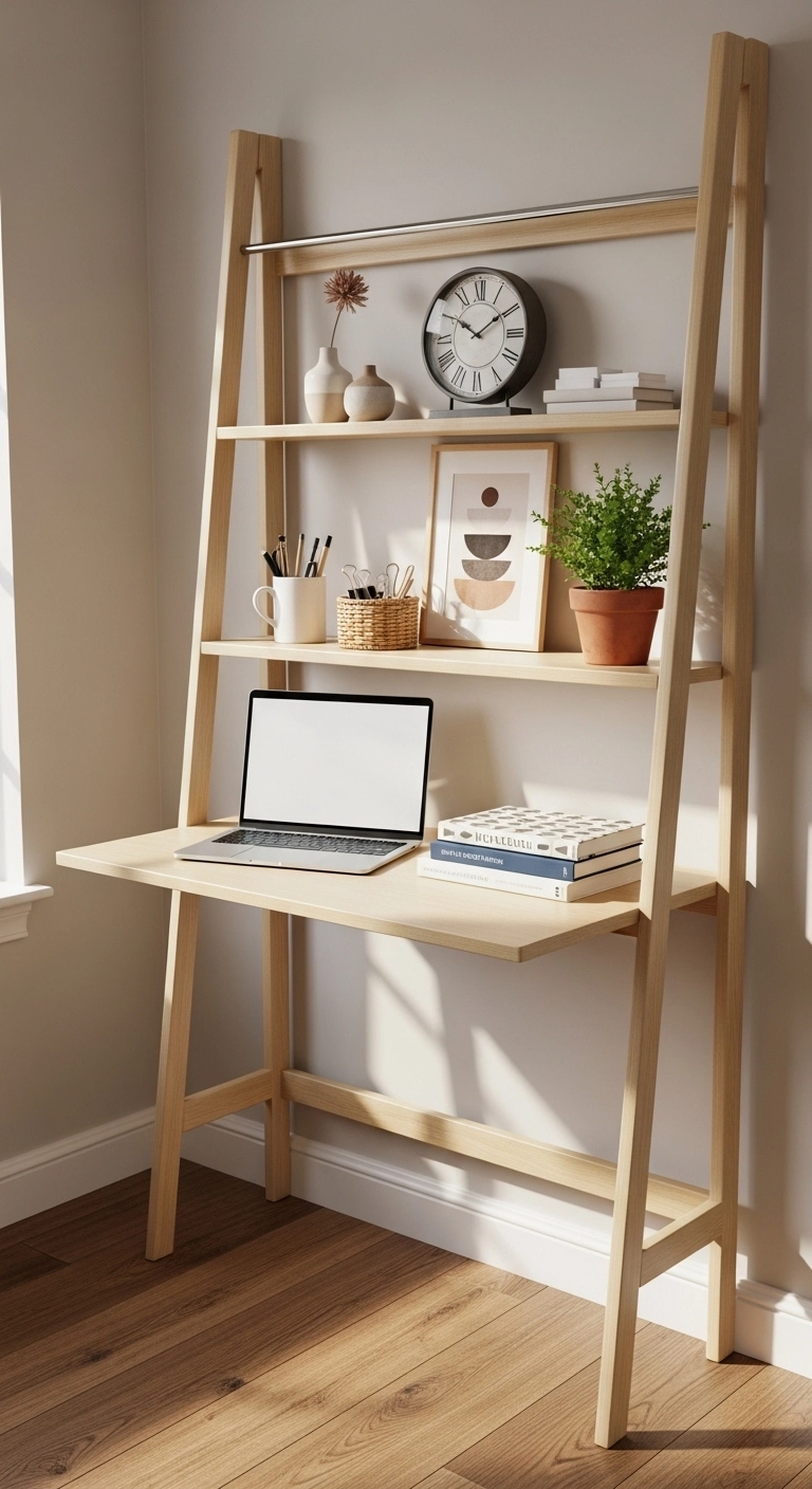 Small workspace with a modern ladder desk, laptop, shelves, and plants in natural light