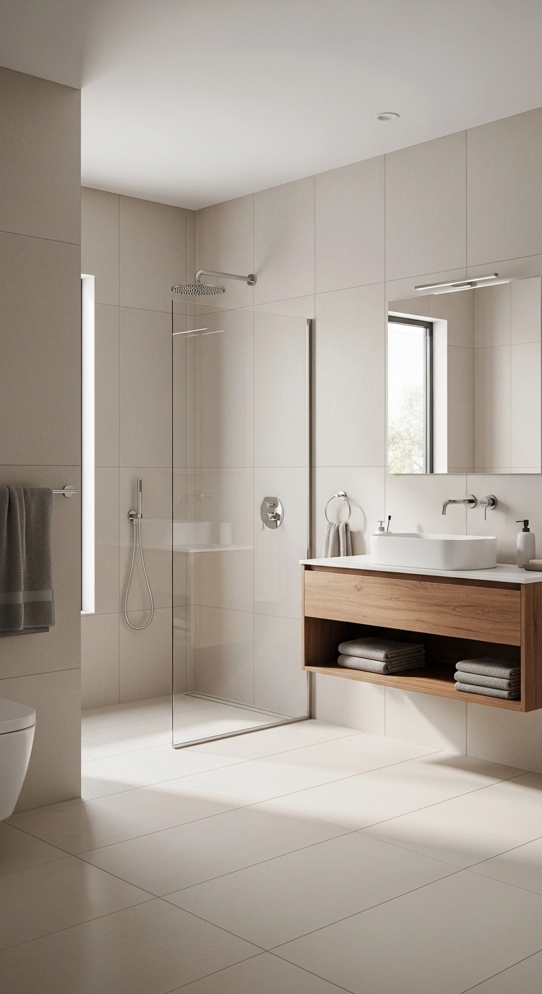 Modern bathroom tile design with large format tiles creating a seamless, spacious, and clean look