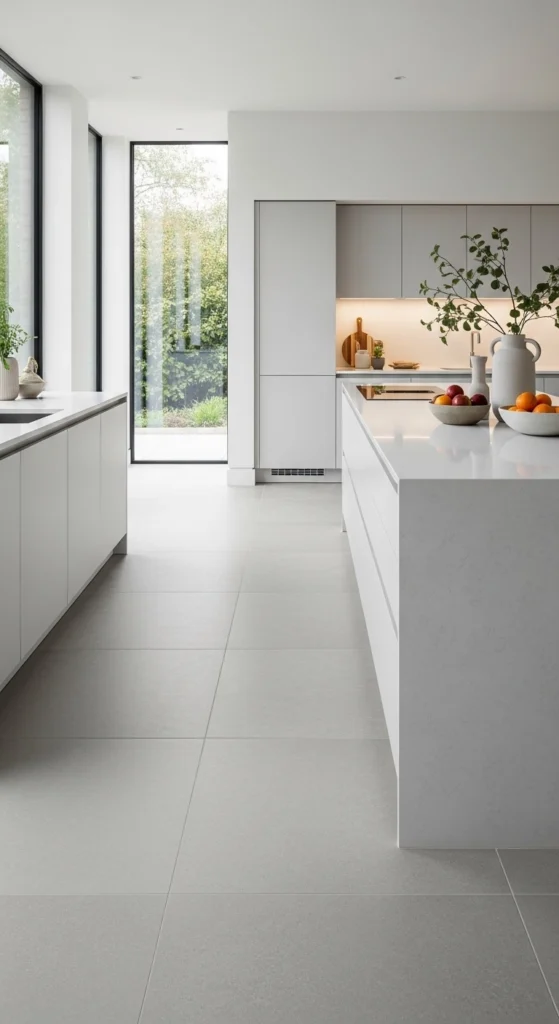 modern kitchen design with large-format tile flooring and open layout