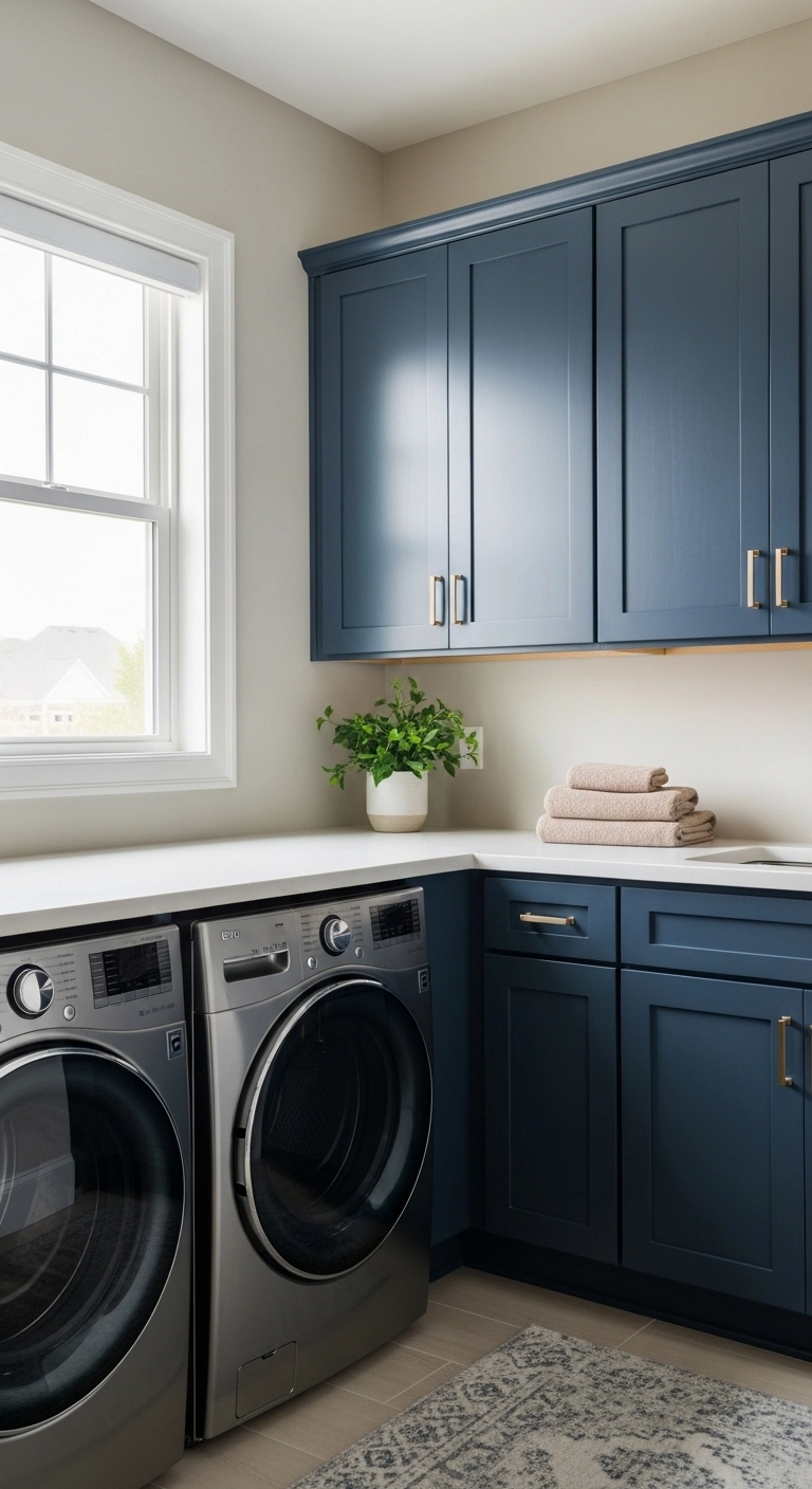 Laundry room ideas with bold navy blue cabinets, neutral walls, and integrated washer and dryer for a modern look