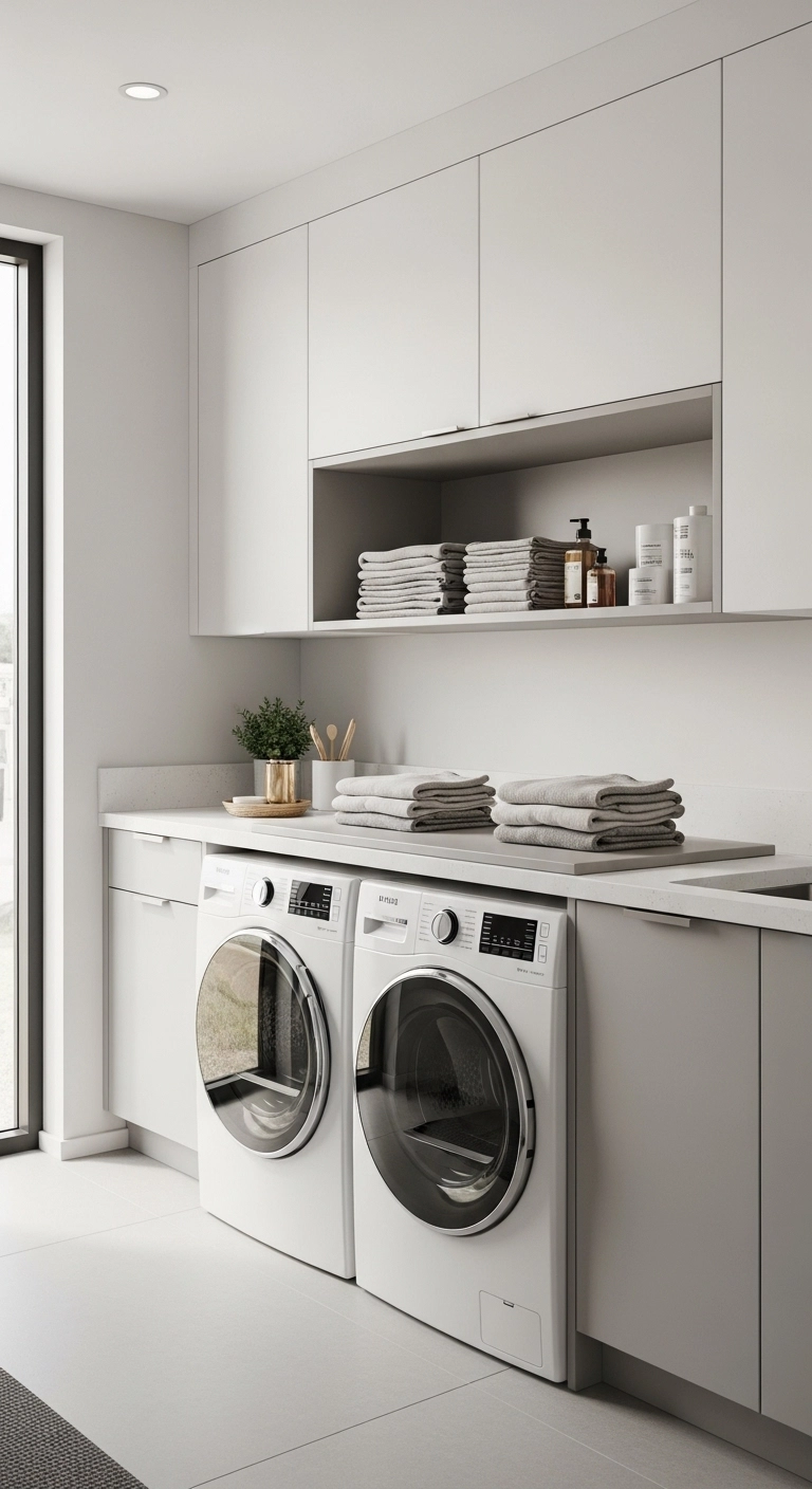 Laundry room ideas with a dedicated folding station above washer and dryer, featuring neat countertops and cabinetry