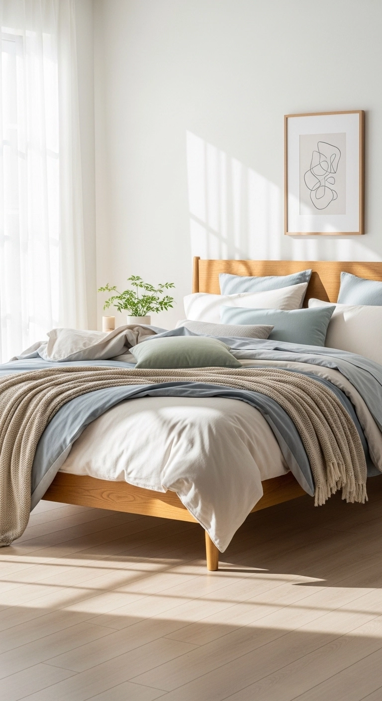 Bedroom interior with layered bedding on light wood bed for cozy décor.