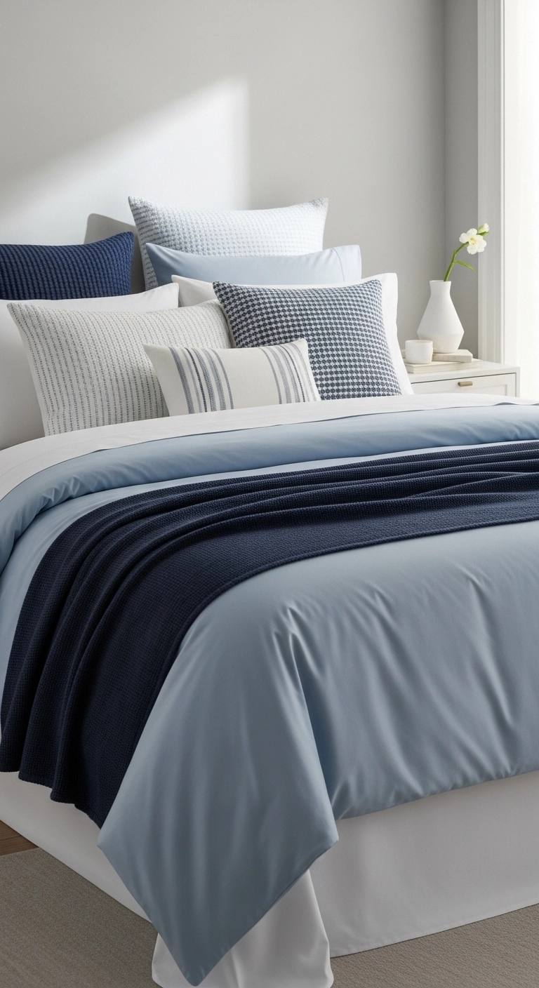 Blue bedroom ideas with layered blue bedding and textured pillows