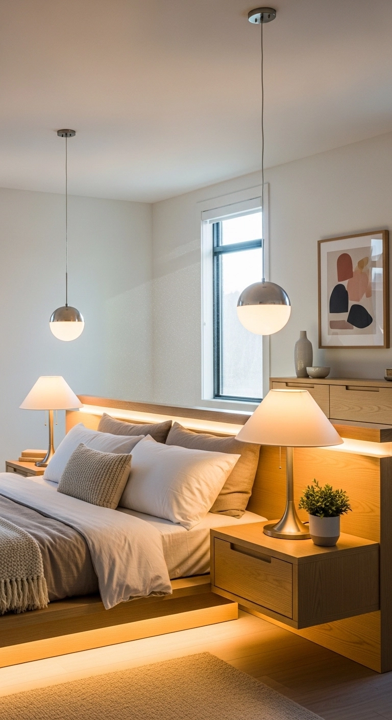 Bedroom interior with layered lighting including pendant lights and table lamps