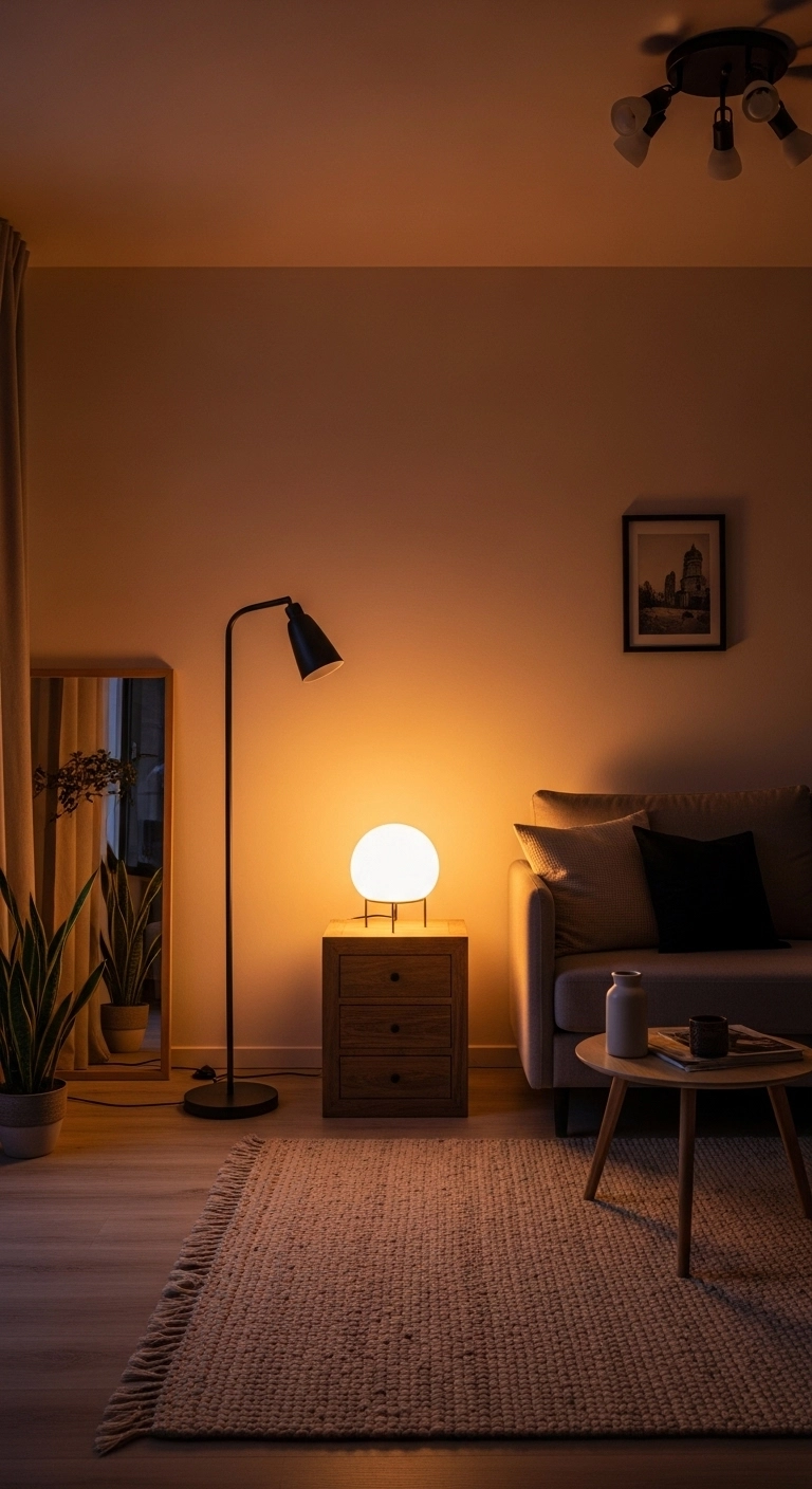 Cozy living room design with layered lighting including floor lamp, table lamp, and soft warm lighting.