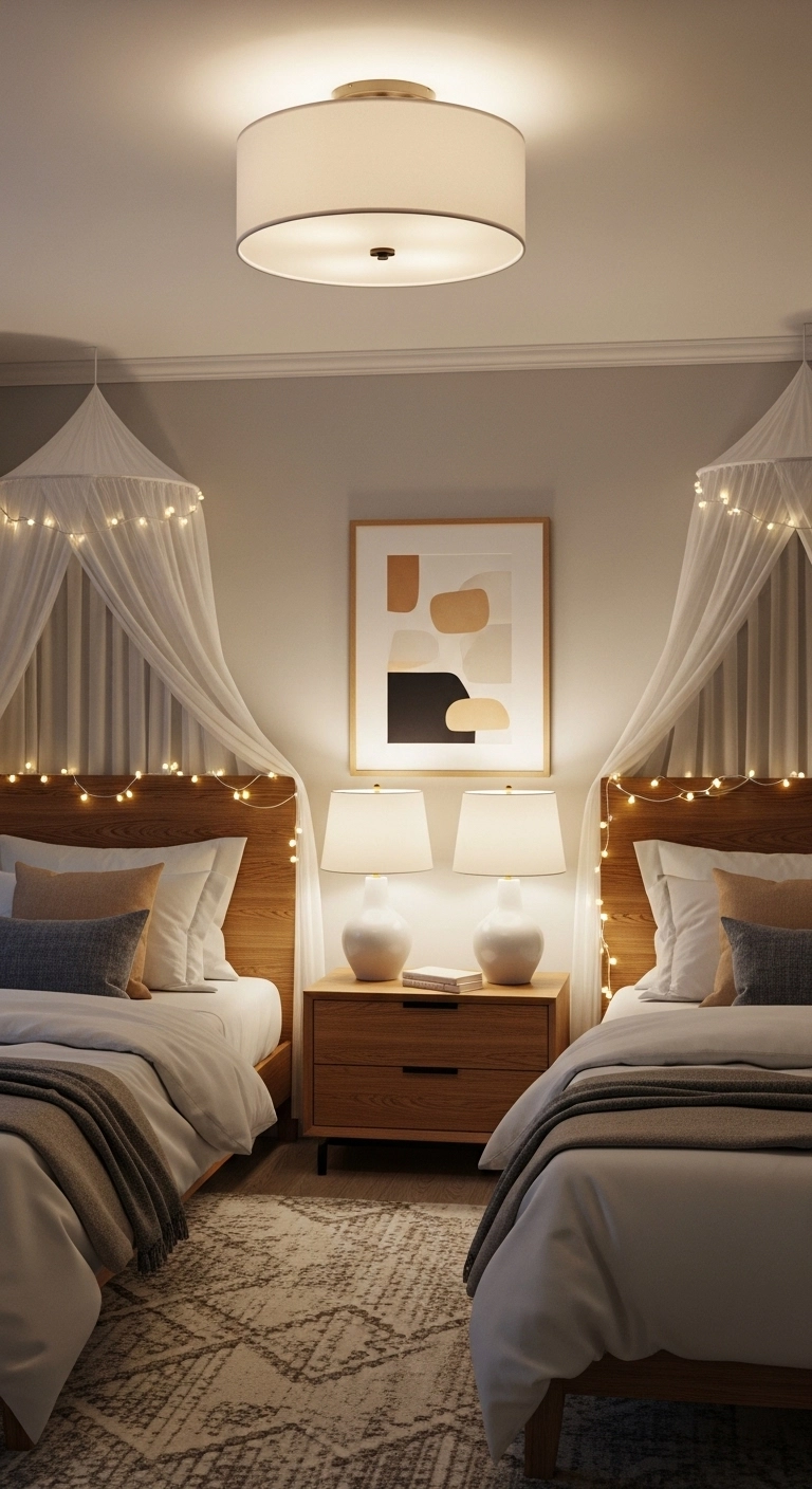 twin bedroom ideas with layered lighting and cozy ambiance