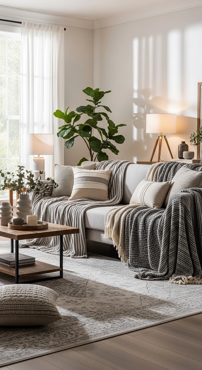 Aesthetic living room with layered textiles, neutral sofa, and cozy decor.