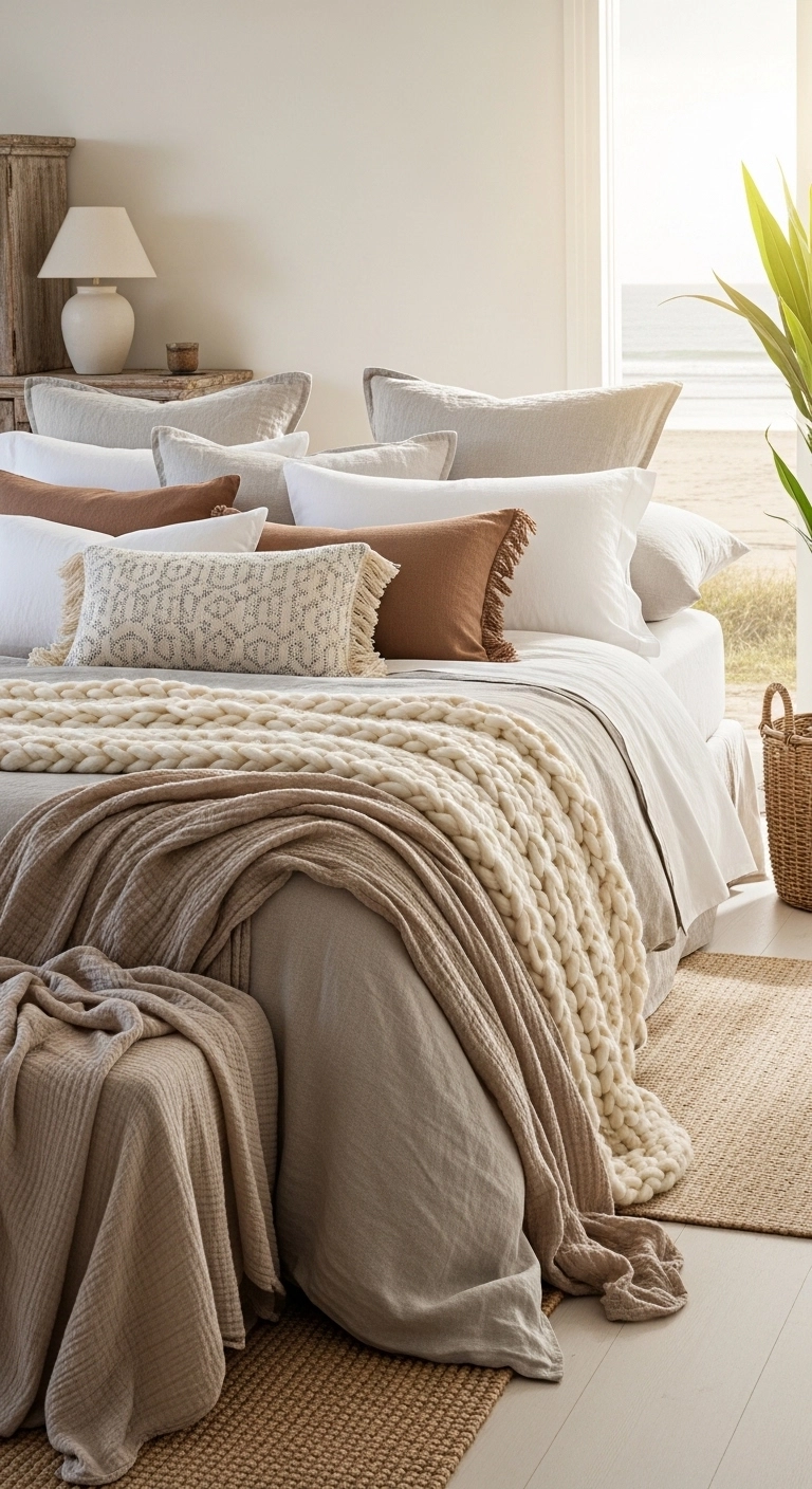 Beach bedroom ideas with layered textures like linen bedding and woven throws