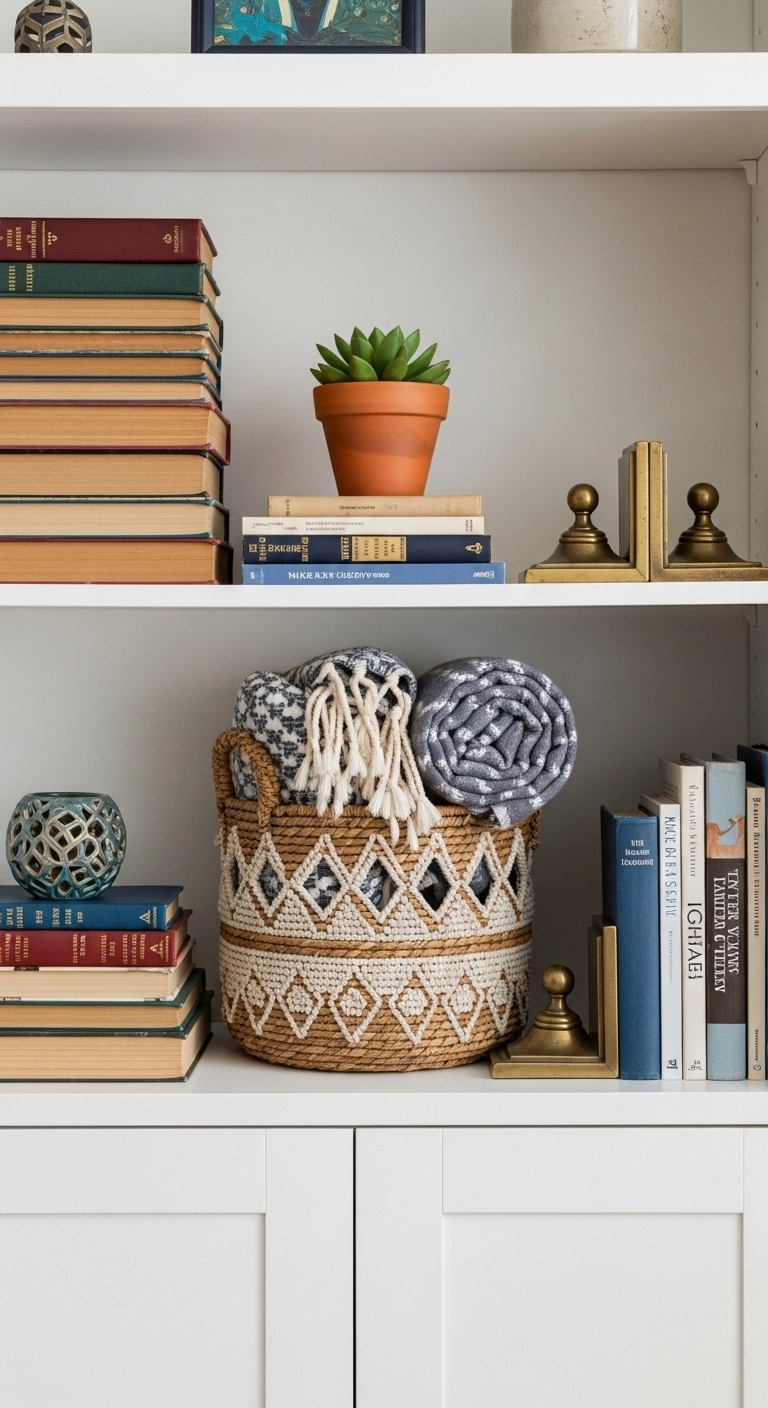 Bookshelf decor ideas with leaning artwork on shelf