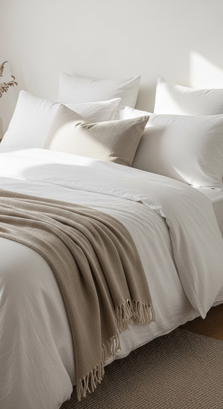 Beach bedroom ideas with light linen bedding, soft pillows, and airy white sheets in a bright coastal room