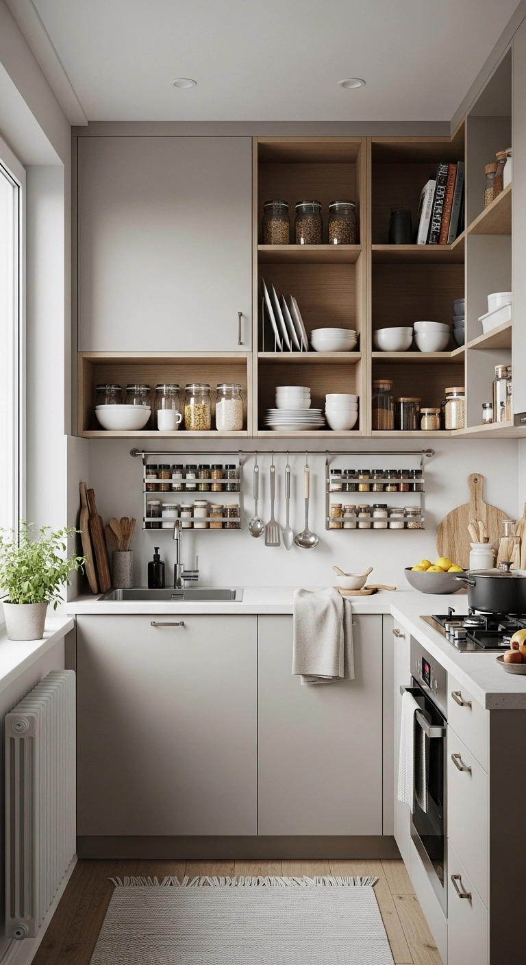 Light colored small kitchen ideas with white cabinets making the space feel bigger.