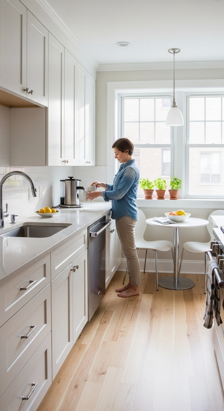 Tiny kitchen ideas using light colors like white cabinets and beige countertops.