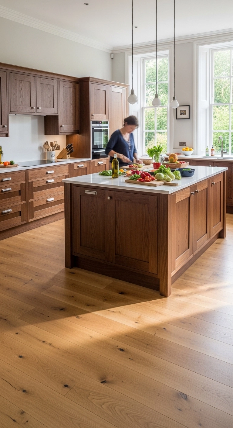 Kitchen with dark wood cabinets and light oak floors showing balanced dark wood kitchen cabinets ideas.