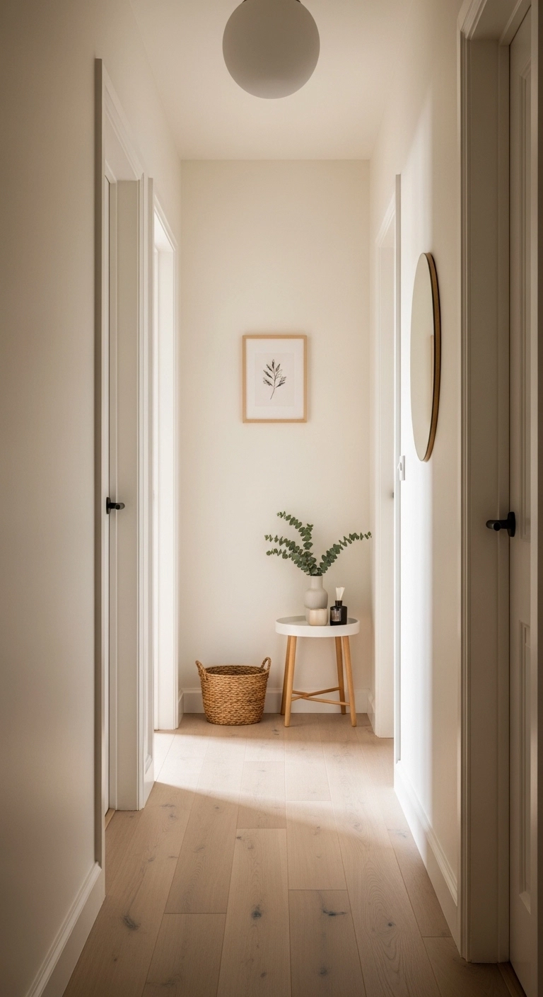 Tiny hallway ideas with light paint colors in a bright narrow hallway