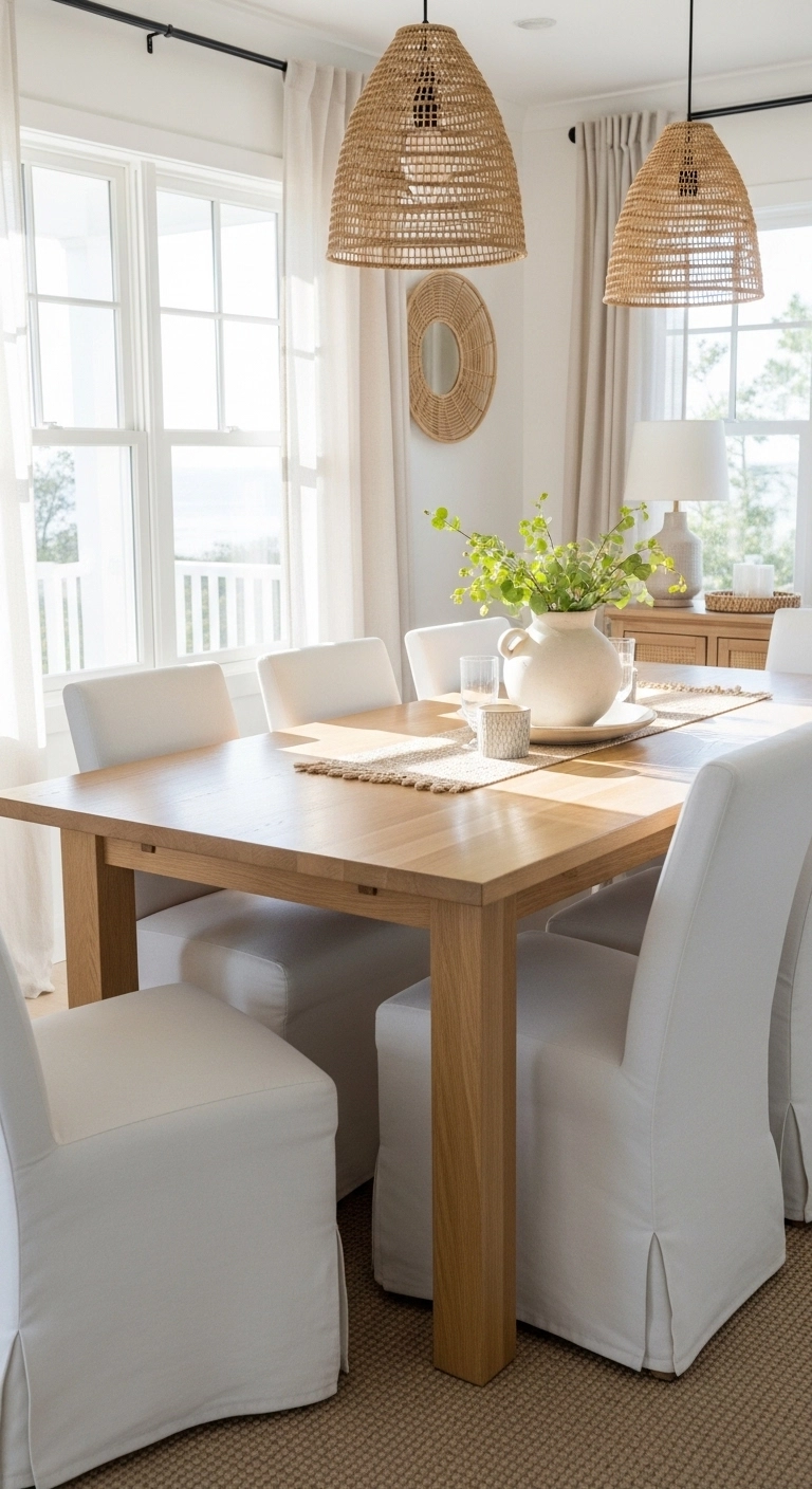 Bright beach house dining room with a light wood oak table, slipcovered chairs, and coastal décor ideas.