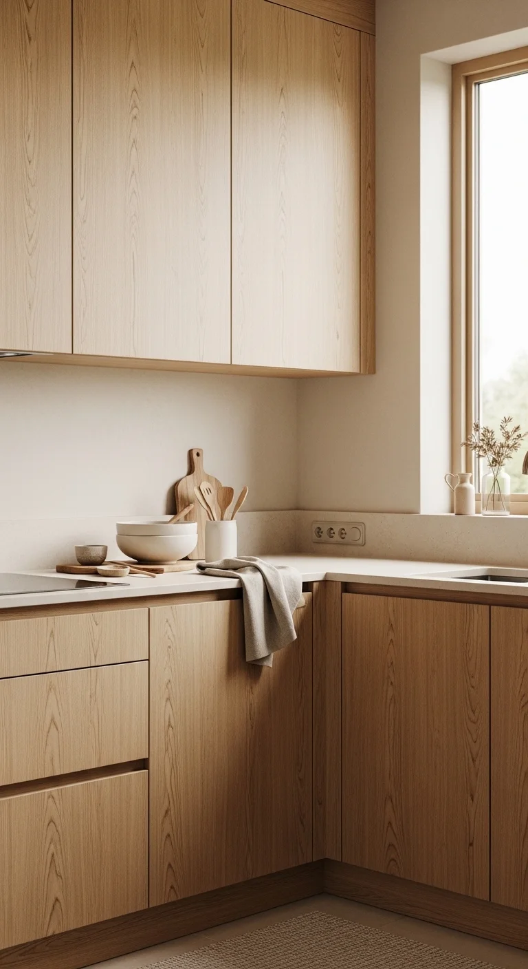 Modern kitchen with light oak wood cabinets, neutral stone countertops, and soft beige backsplash showing warm neutral kitchen ideas with natural wood textures.