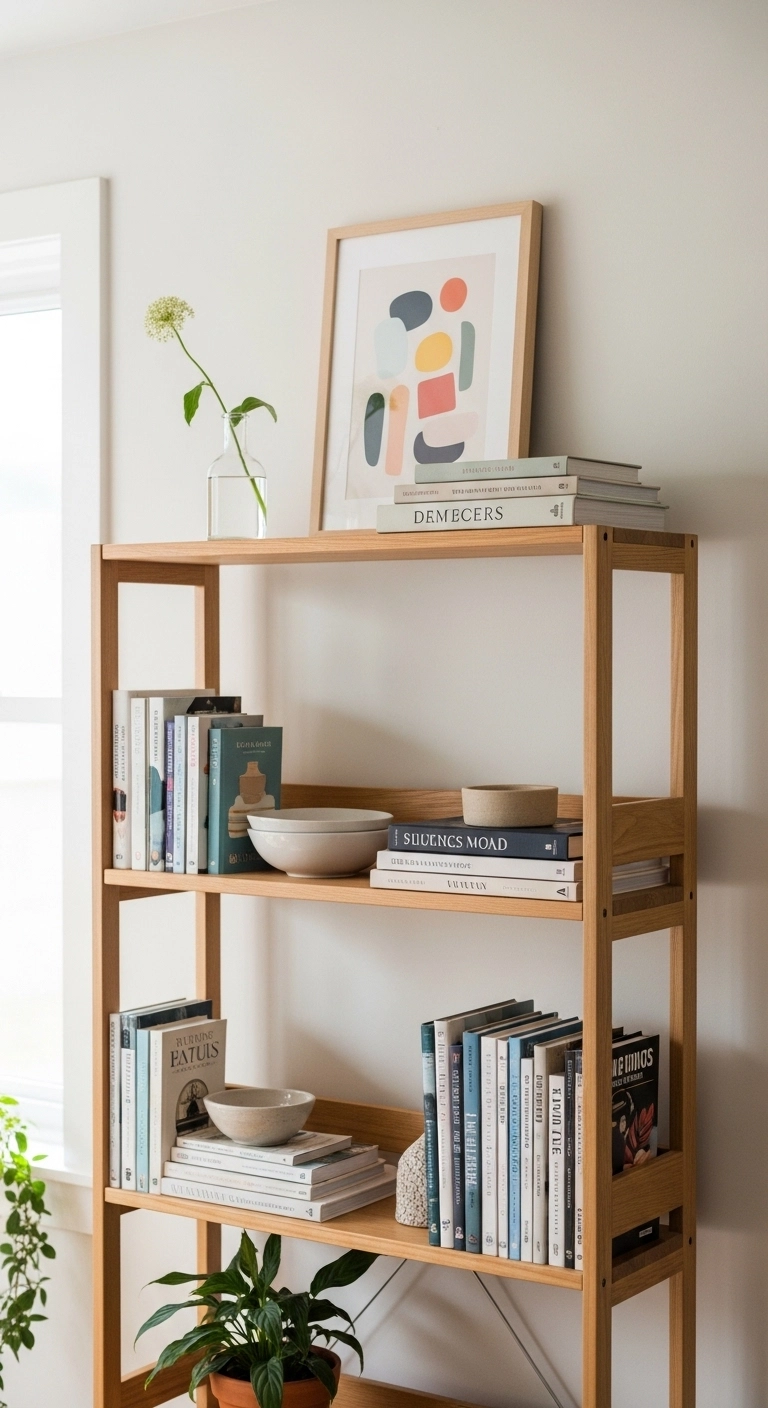 Bookshelf decor ideas with airy top shelf styling