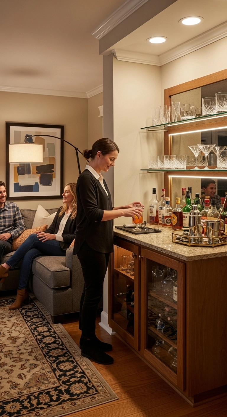 Living room mini bar setup demonstrating social mini bar ideas.