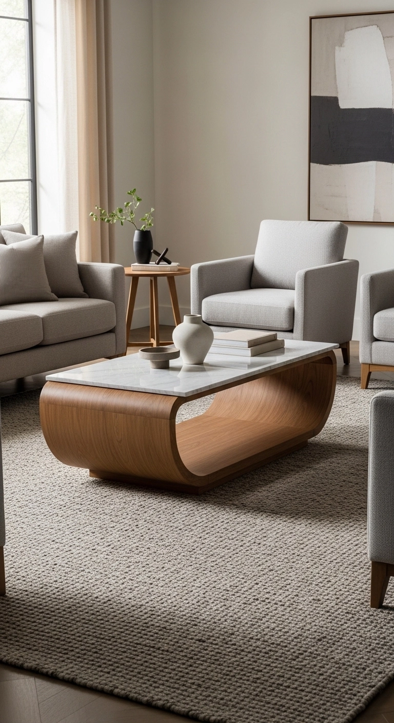 Aesthetic living room with a statement coffee table and cozy neutral seating.