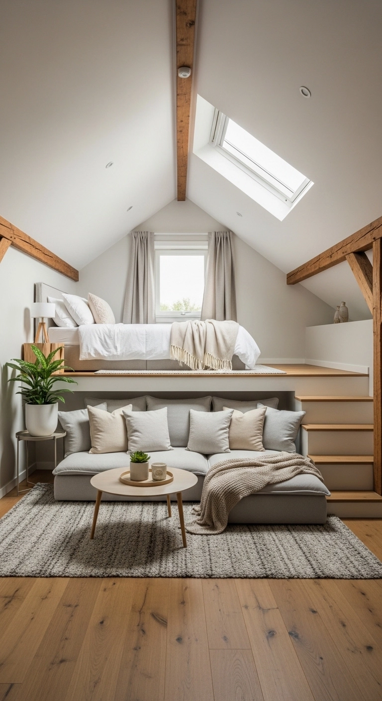 Attic loft bedroom with elevated bed, seating area below, skylight, and neutral decor