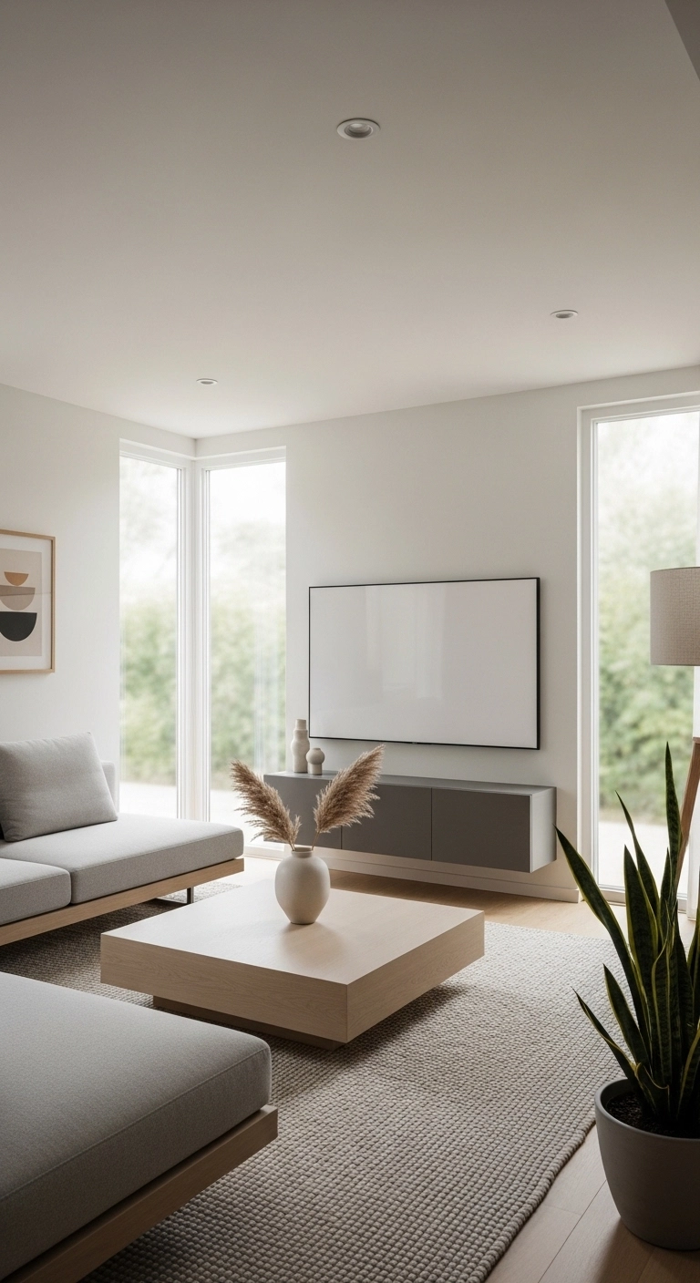 Interior design living room with low sofa and low coffee table creating modern look.