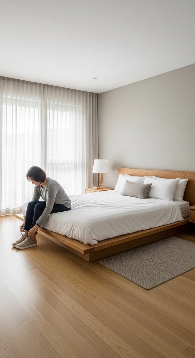 Minimalist bedroom with low platform bed, white bedding, and neutral décor demonstrating modern minimalist bedroom ideas.