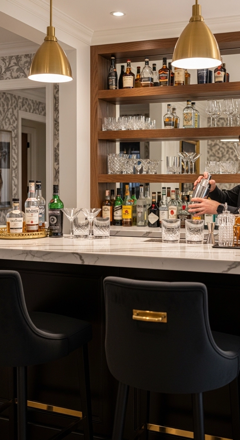 Luxury marble bar counter representing elegant mini bar ideas.