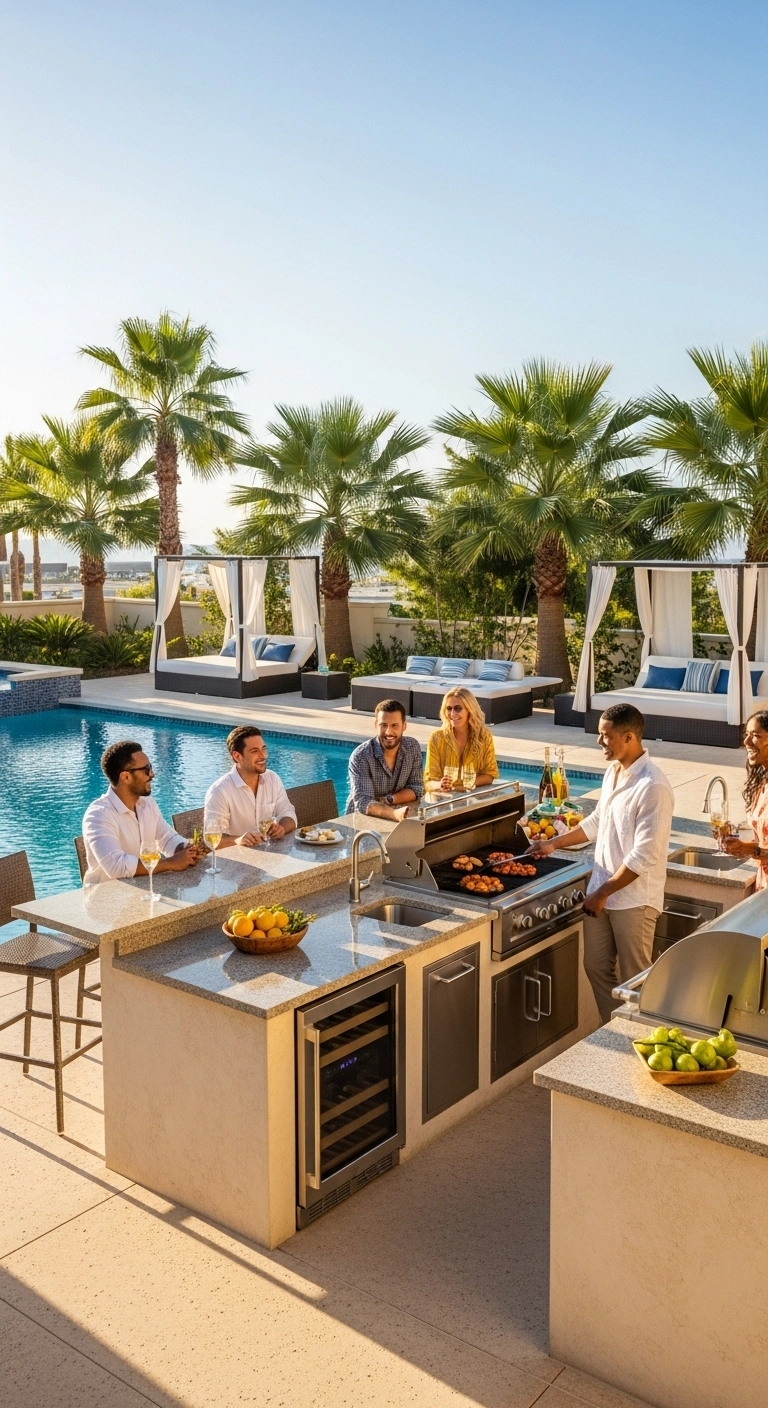 Luxury backyard cooking area beside a pool representing premium outdoor kitchen ideas.