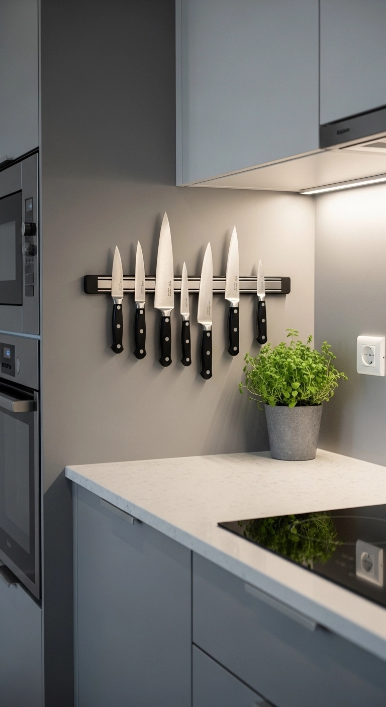 Small kitchen ideas using magnetic knife strip for space saving.