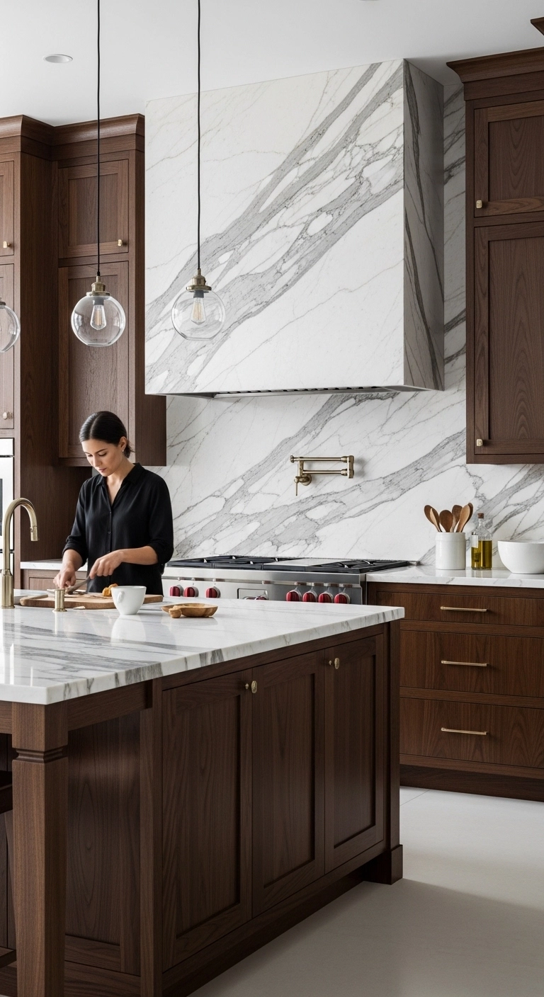 Marble backsplash with dark wood cabinets showing luxurious dark wood kitchen cabinets ideas.