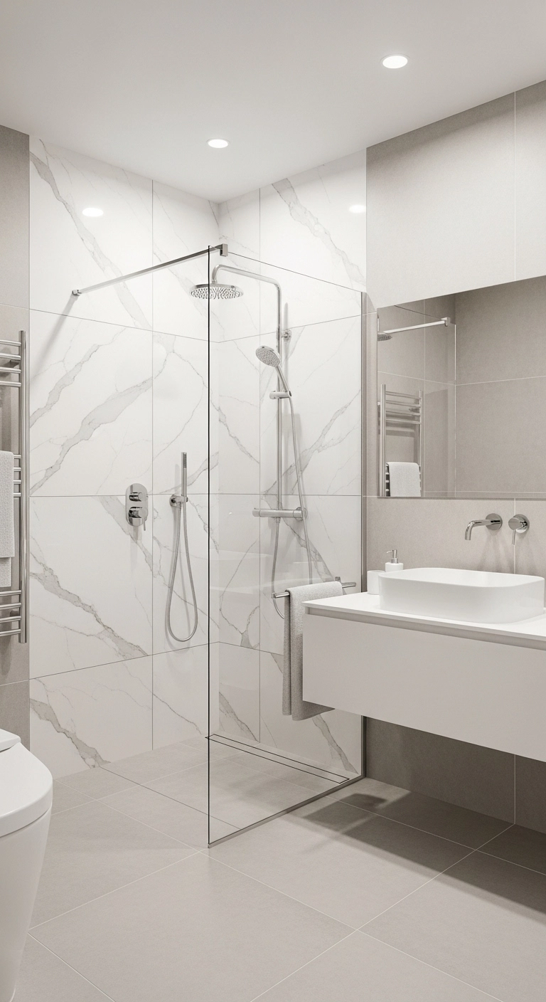 Marble bathroom tile design with elegant white tiles and subtle veining