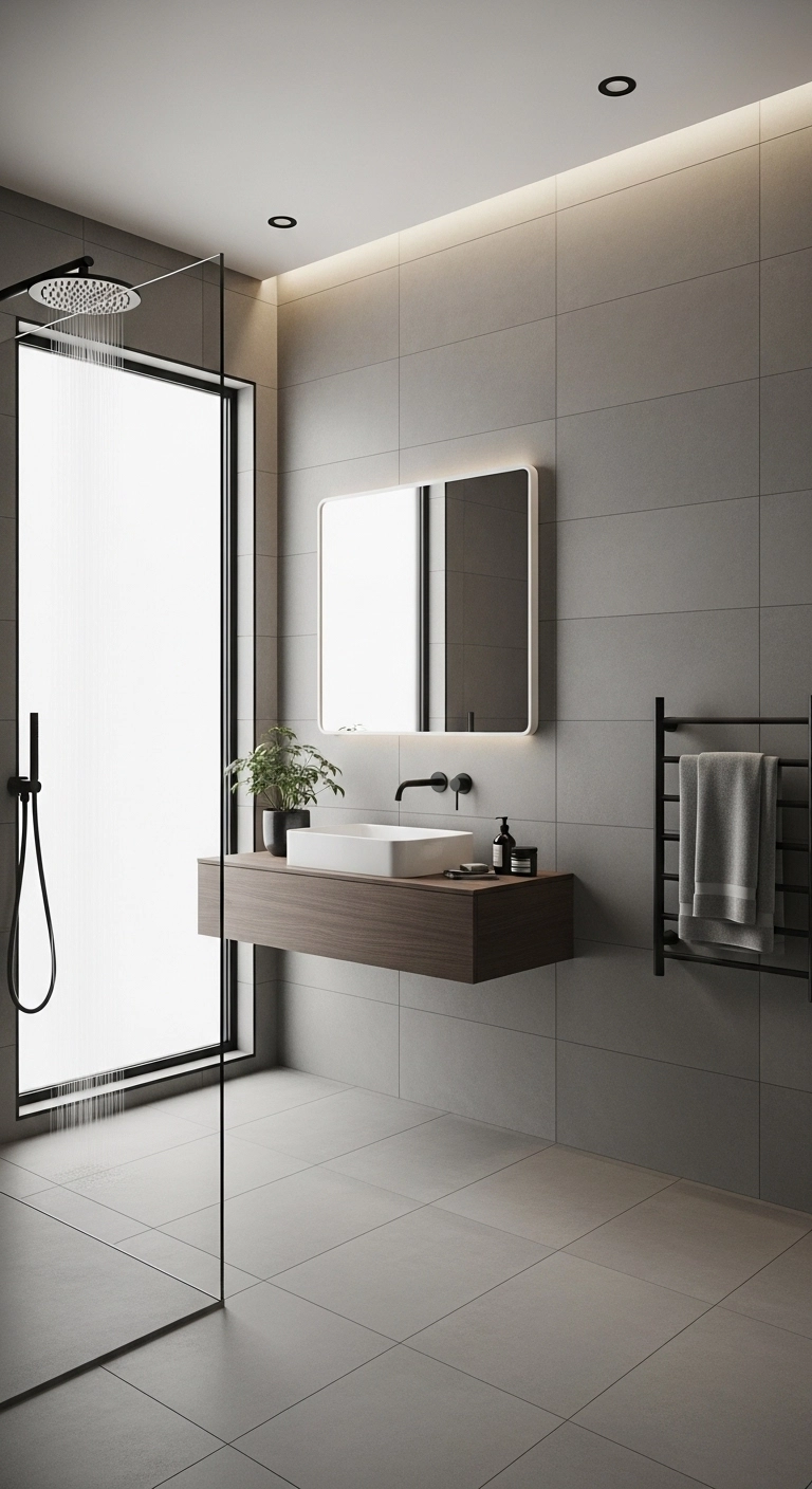 Matte finish bathroom tile design with soft grey tiles and modern style
