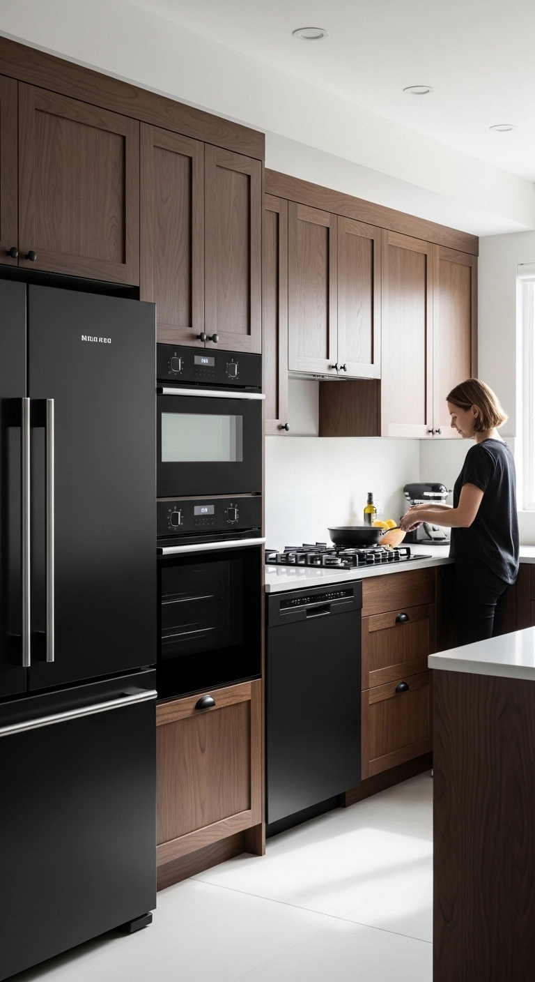 Modern kitchen with matte black appliances and dark wood cabinets representing dark wood kitchen cabinets ideas.