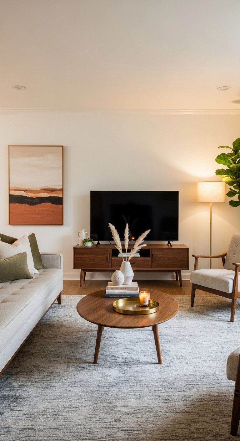 TV Table Ideas with a mid-century modern TV table in a timeless setup
