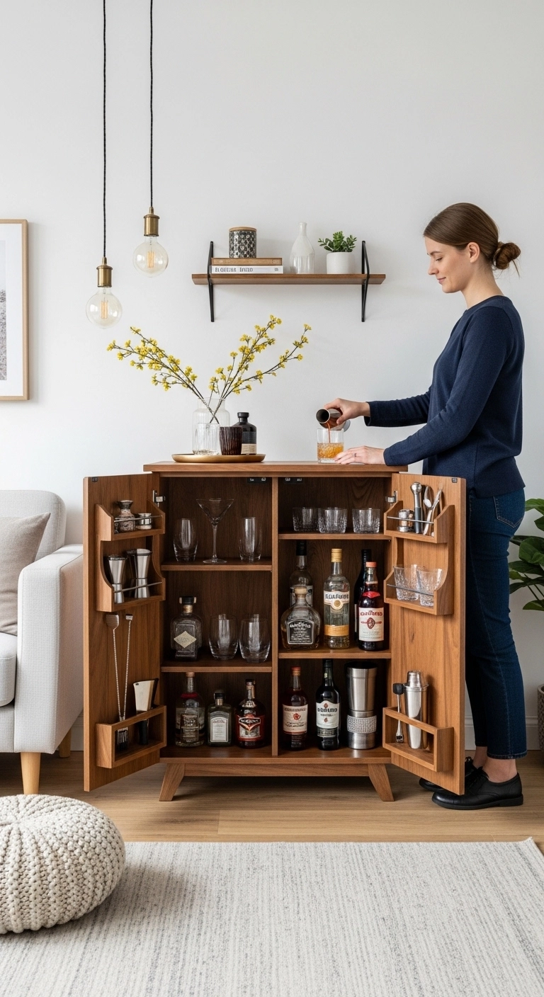 Modern wooden mini bar cabinet with bottles and glasses showing practical mini bar ideas.