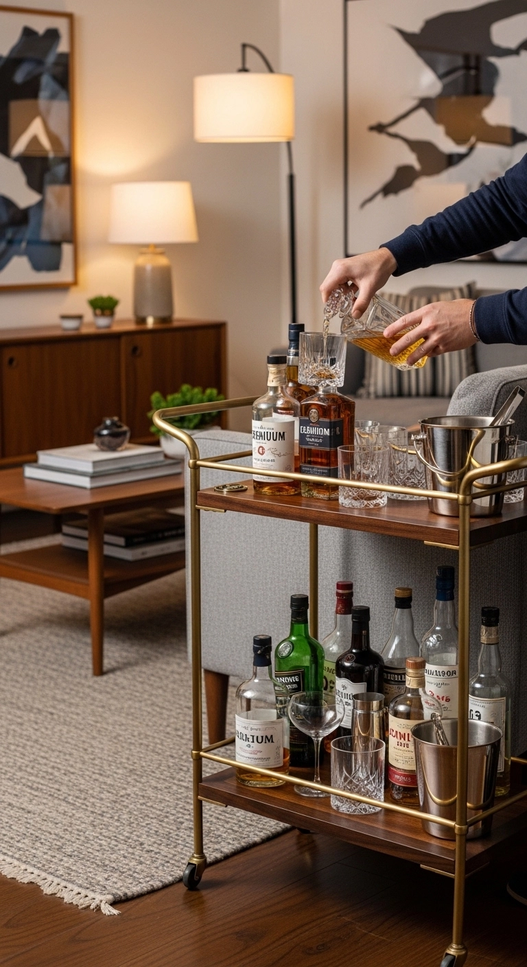 Rolling drink cart beside sofa demonstrating portable mini bar ideas.
