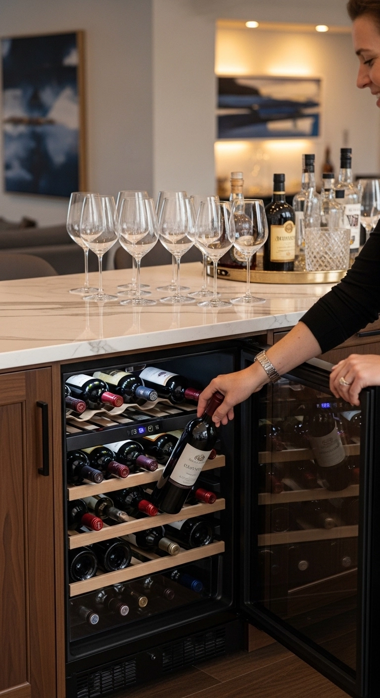 Home bar with built in wine fridge showing modern mini bar ideas.