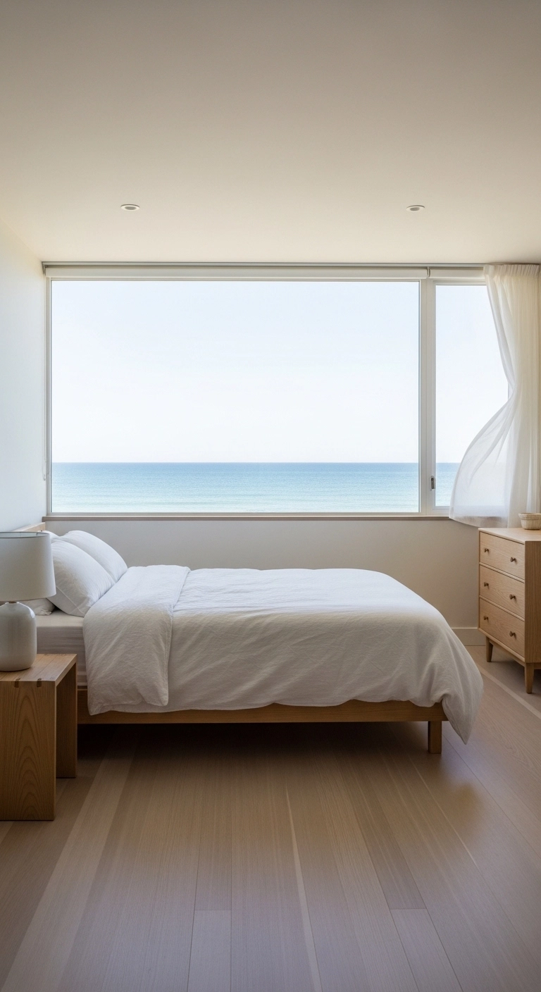 Beach bedroom ideas with minimal furniture and clean uncluttered coastal design