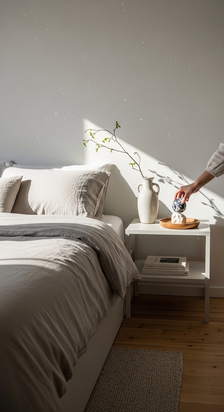 Minimalist bedroom with simple décor accessories and neutral tones.