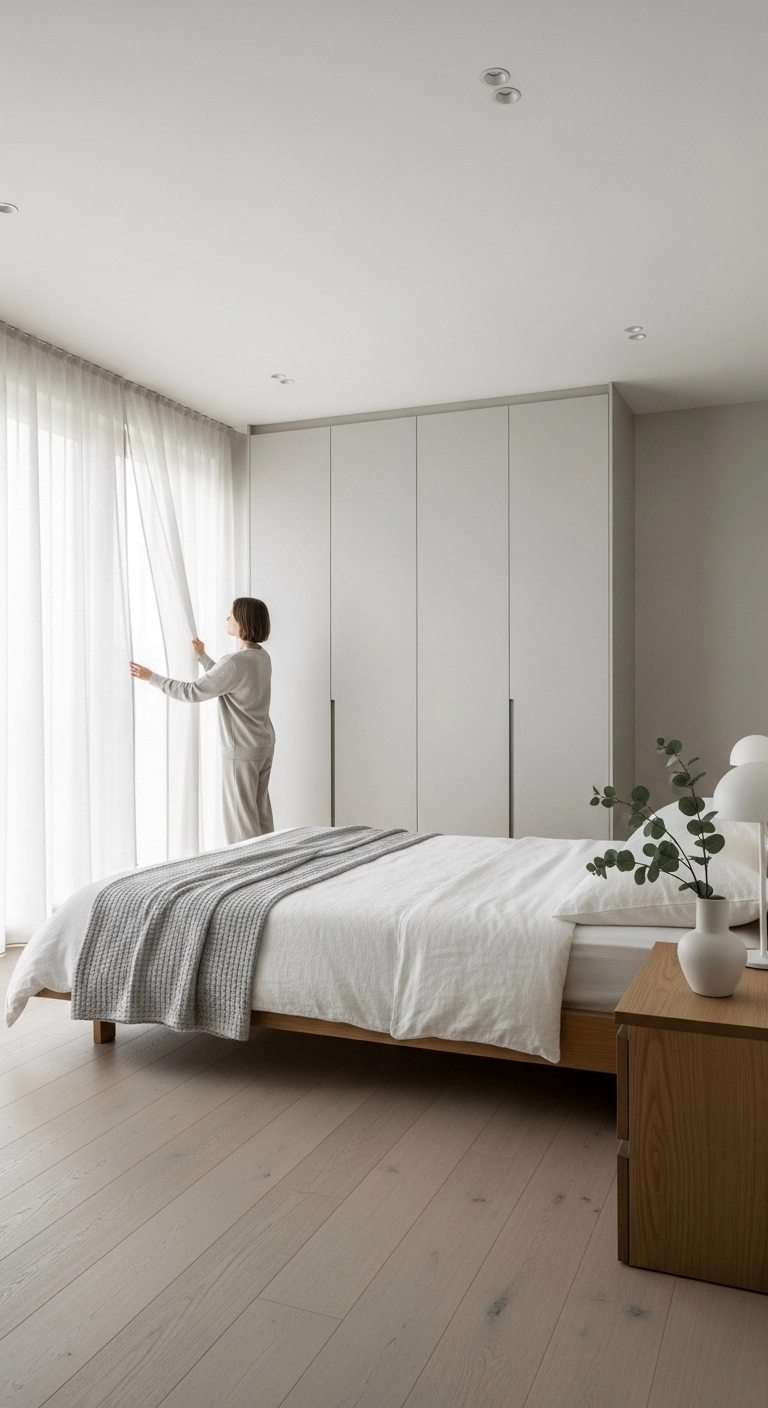 Minimalist bedroom with limited furniture and open layout representing simple minimalist bedroom ideas.