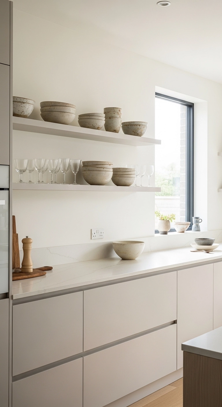 modern kitchen design with minimal open shelves and clean styling