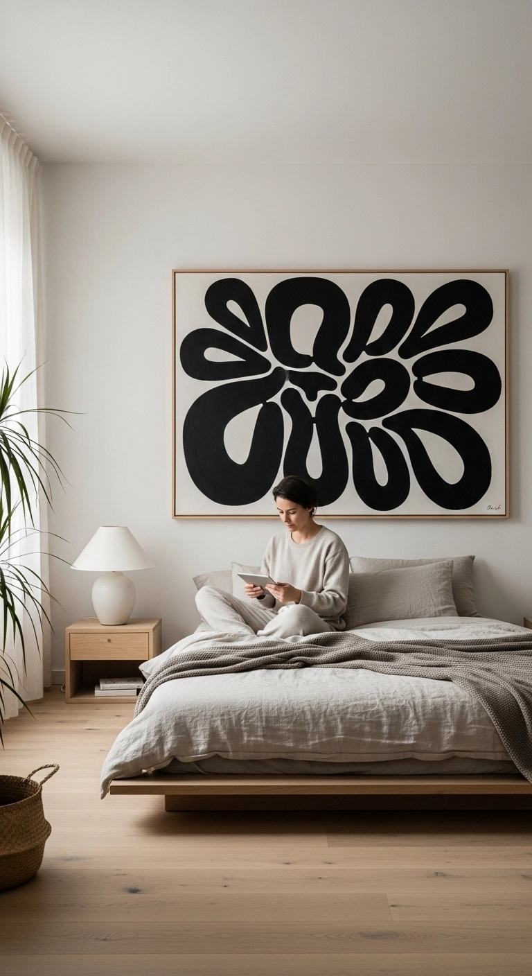 Minimalist bedroom with single abstract wall art and neutral décor.