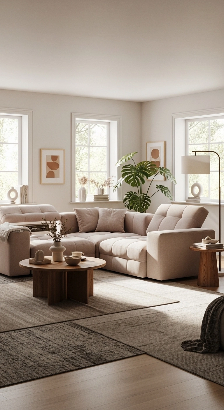 Minimalist aesthetic living room with warm neutral decor and cozy seating.