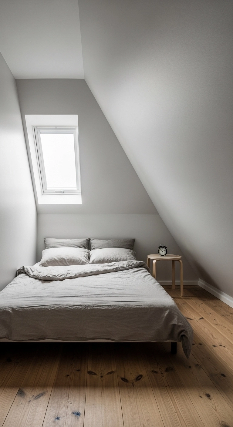 Minimalist attic bedroom with low bed, neutral bedding, skylight, and uncluttered modern design