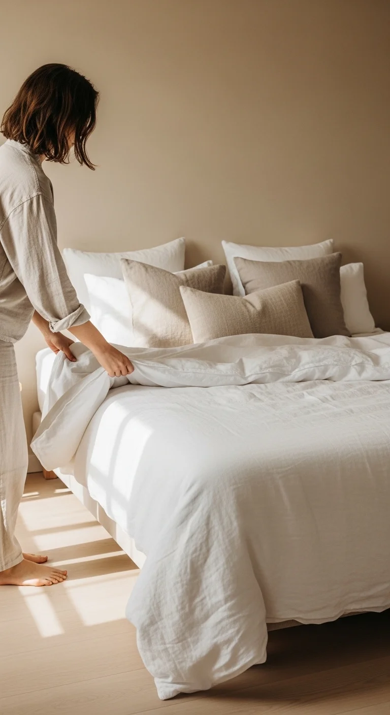 Minimalist bedroom with simple white bedding and soft neutral décor.