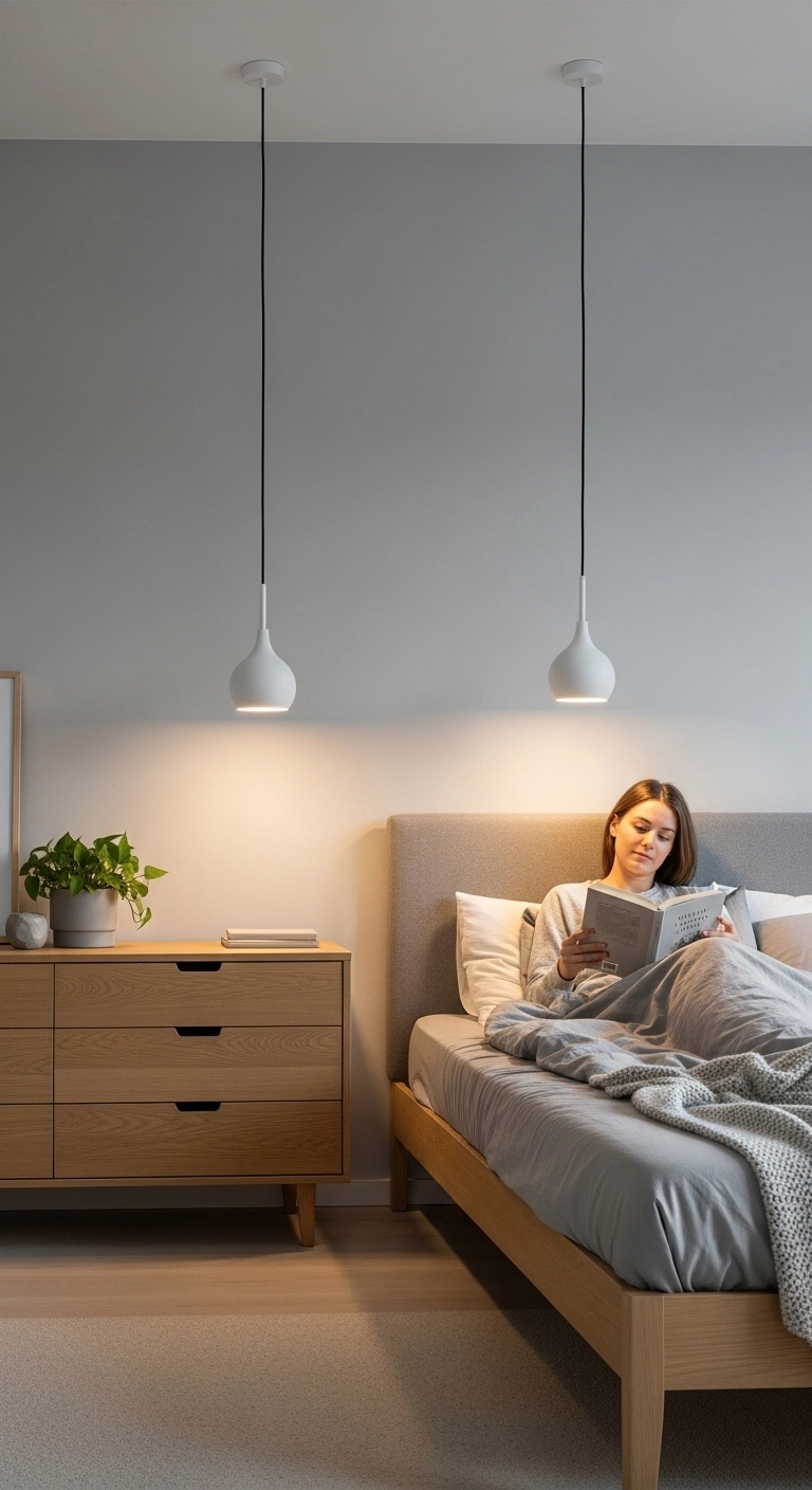 Minimalist bedroom with modern pendant lighting and neutral décor.