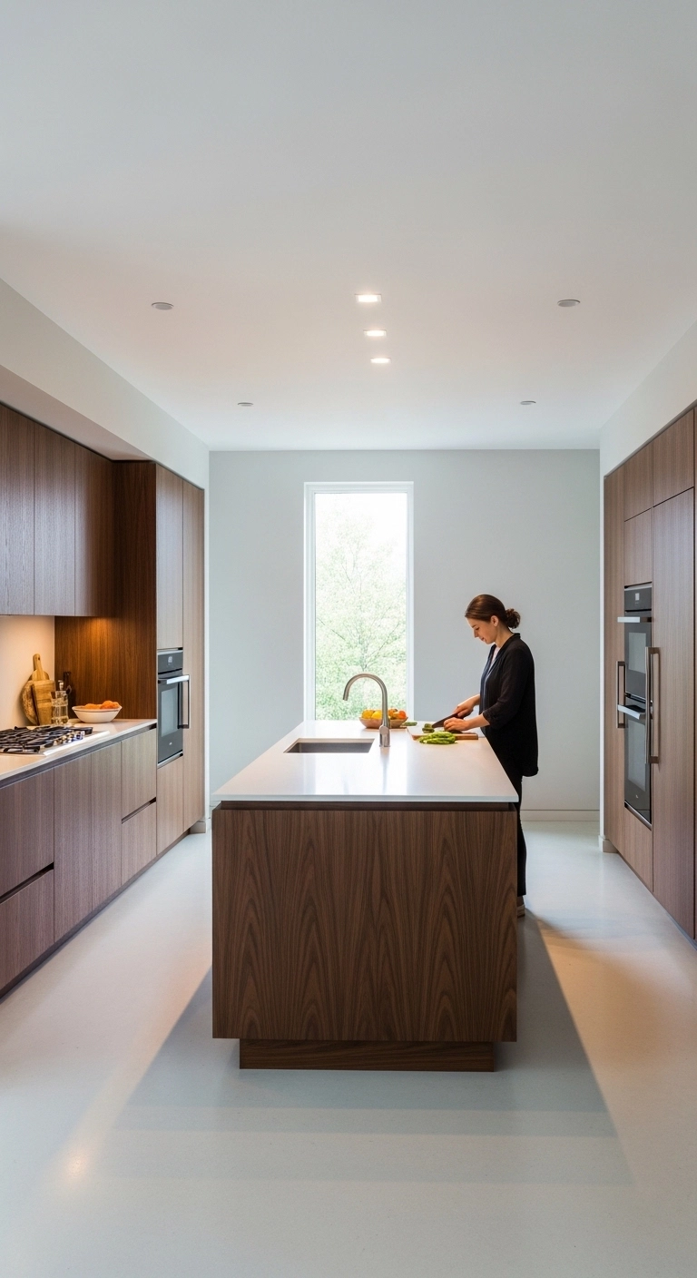Minimalist kitchen with flat panel dark wood cabinets showing modern dark wood kitchen cabinets ideas.