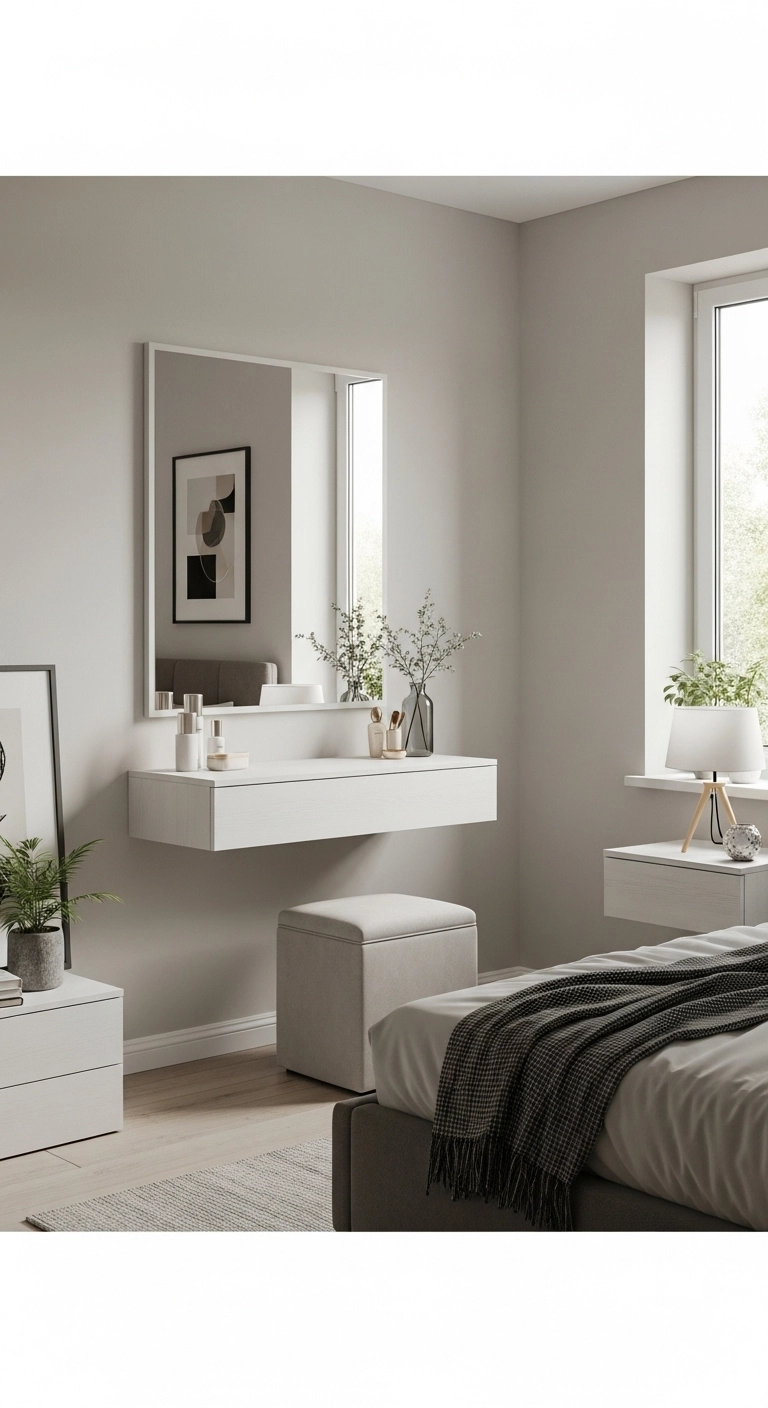 Minimalist floating bedroom vanity ideas with wall-mounted vanity and hidden storage in a modern small bedroom