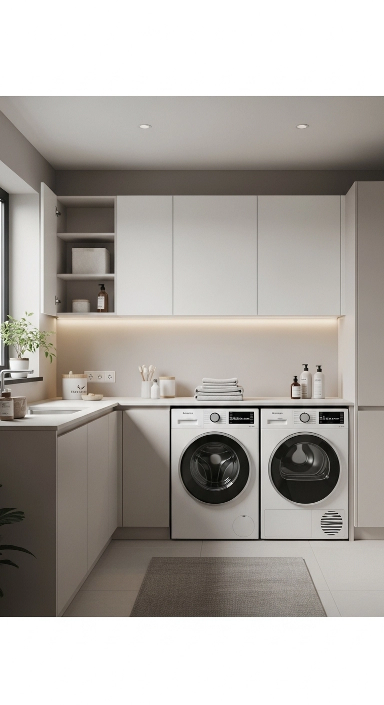 Minimalist laundry room ideas with clean lines, neutral colors, flat-panel cabinets, and hidden storage in a modern home