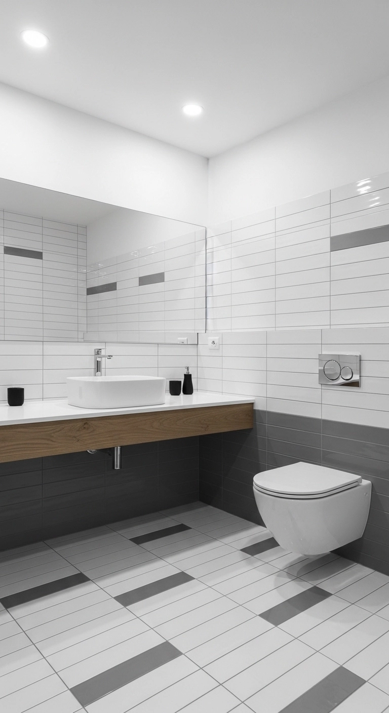 Monochrome bathroom tile design with clean white and grey tiles